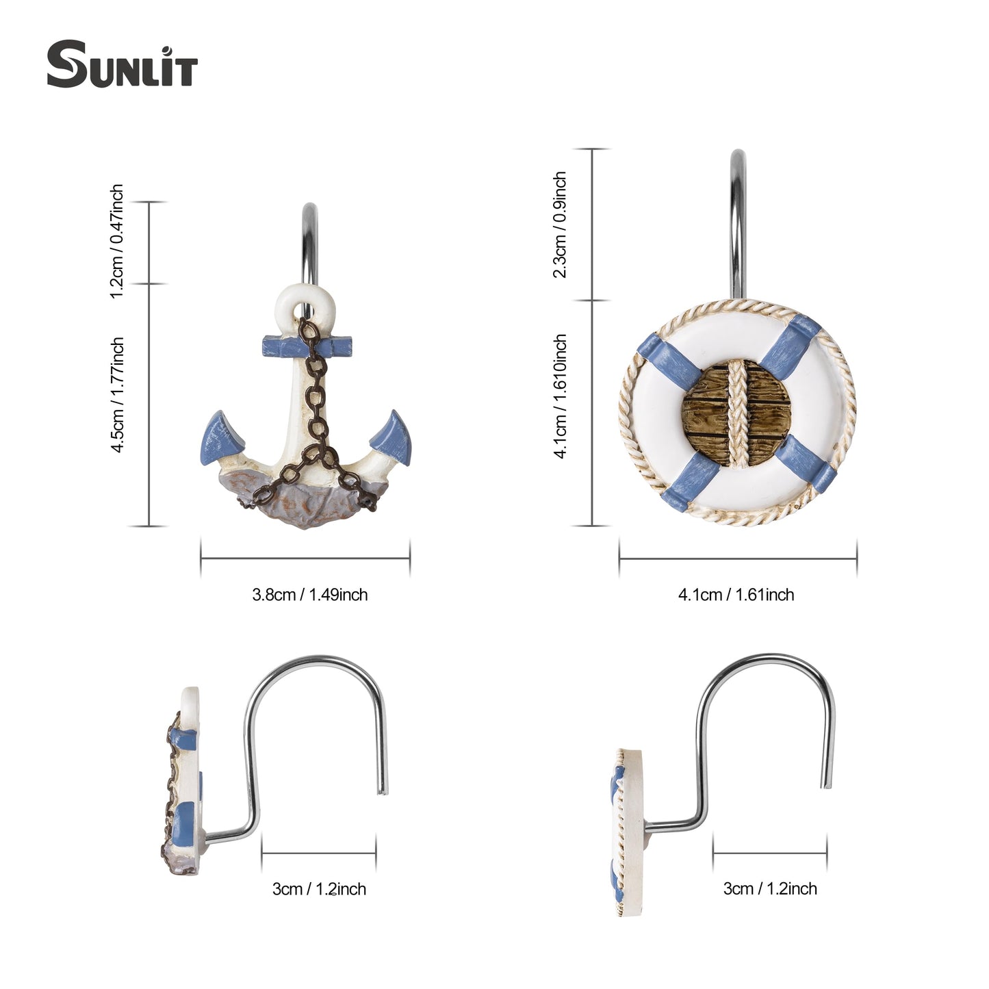 Sunlit Nautical Shower Curtain Hooks, Home Decorative Coastal Shower Curtain Rings for Bathroom, Resin, Ocean Shower Curtain Hanger Hooks for Living Room, Set of 12, Blue Anchor Rudder