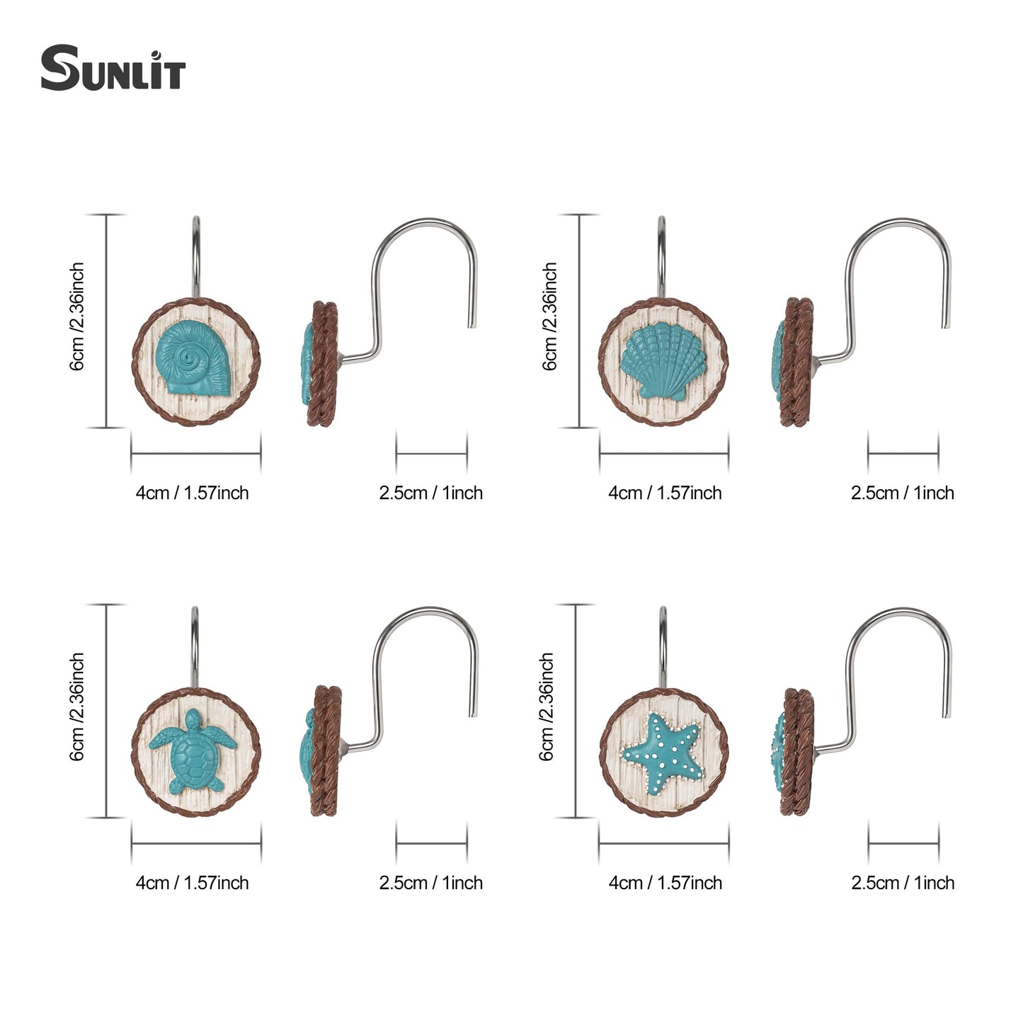 Sunlit Ocean Decorative Shower Curtain Hooks, Sea Turtle Spiral Shell Starfish Conch Shower Curtain Rings, Resin, Nautical Farmhouse Bathroom Decoration Beach Shower Curtain Hooks-12 Pack, Navy