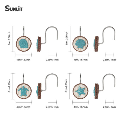 Sunlit Ocean Decorative Shower Curtain Hooks, Sea Turtle Spiral Shell Starfish Conch Shower Curtain Rings, Resin, Nautical Farmhouse Bathroom Decoration Beach Shower Curtain Hooks-12 Pack, Navy