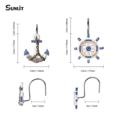 Sunlit Nautical Shower Curtain Hooks, Home Decorative Coastal Shower Curtain Rings for Bathroom, Resin, Ocean Shower Curtain Hanger Hooks for Living Room, Set of 12, Blue Anchor Rudder