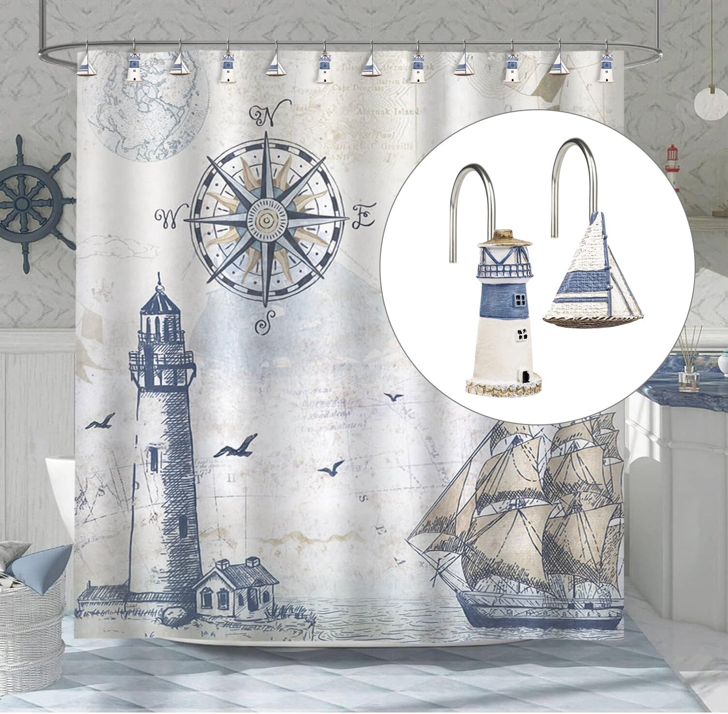 Sunlit Nautical Shower Curtain Hooks, Home Decorative Coastal Shower Curtain Rings for Bathroom, Resin, Ocean Shower Curtain Hanger Hooks for Living Room, Set of 12, Blue Anchor Rudder