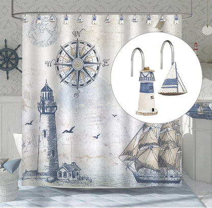 Sunlit Nautical Shower Curtain Hooks, Home Decorative Coastal Shower Curtain Rings for Bathroom, Resin, Ocean Shower Curtain Hanger Hooks for Living Room, Set of 12, Blue Anchor Rudder