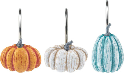 Sunlit Fall Pumpkin Decorative Shower Curtain Hooks, Autumn Harvest Festival Shower Curtain Rings, Resin, Blue Khaki Orange Farmhouse Bathroom Curtain Hangers Decoration, Set of 12