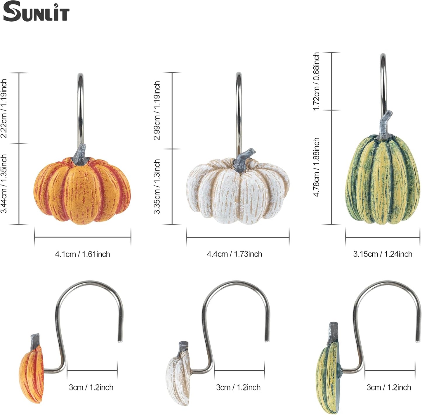 Sunlit Fall Pumpkin Decorative Shower Curtain Hooks, Autumn Harvest Festival Shower Curtain Rings, Resin, Blue Khaki Orange Farmhouse Bathroom Curtain Hangers Decoration, Set of 12