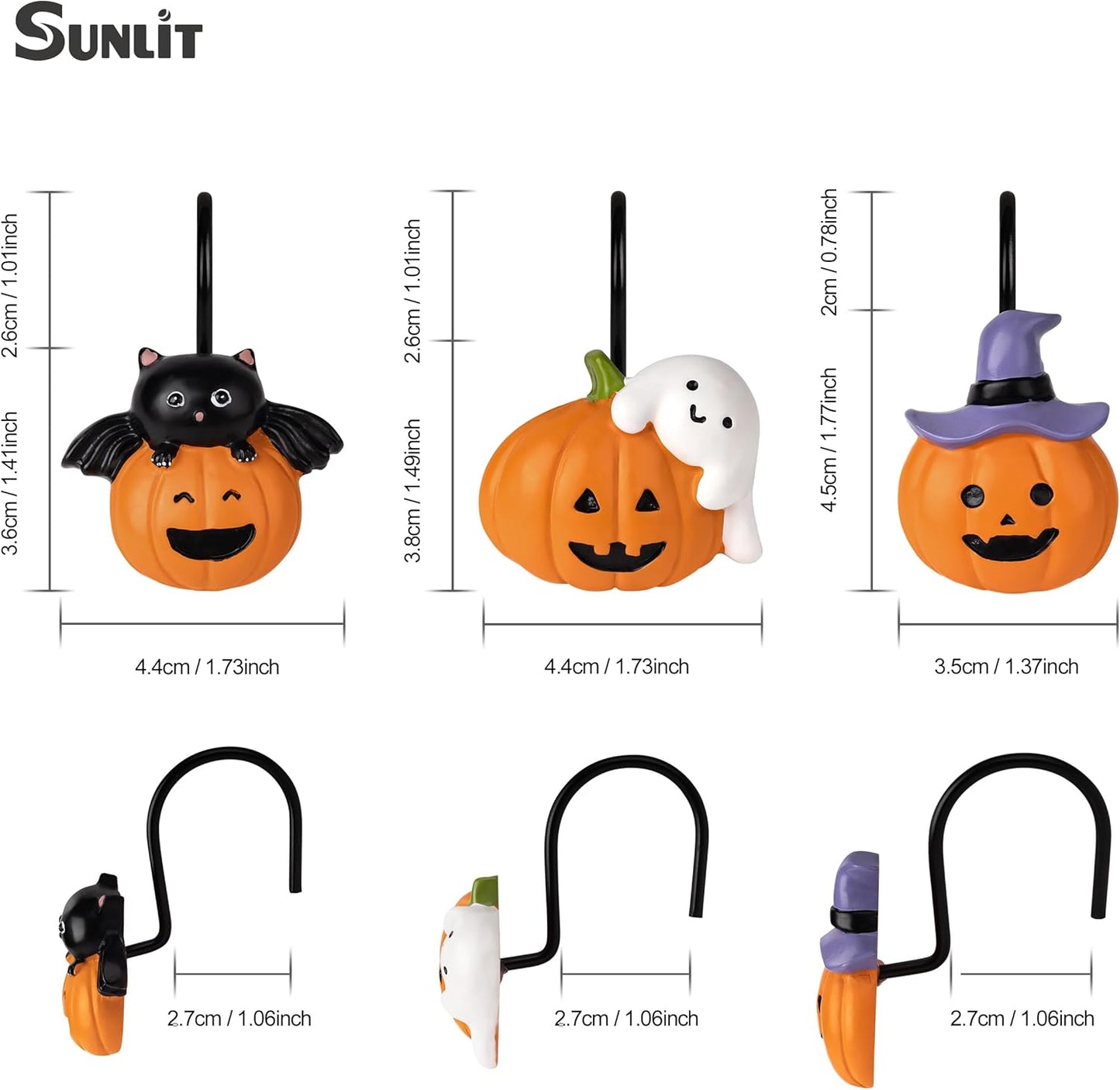Sunlit Halloween Jack-O'-Lantern Shower Curtain Hooks, Home Decorative Ghost Shower Curtain Rings for Bathroom, Cat Shower Curtain Hangers Bathroom Accessories, Set of 12