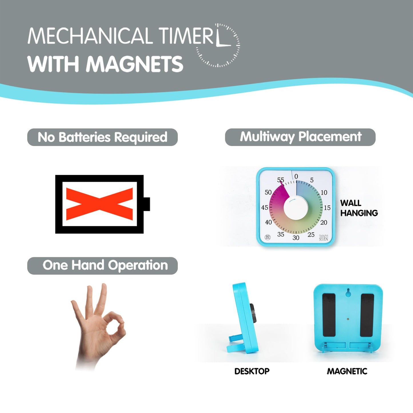 TWENTY5 SEVEN Countdown Timer 7.5 inch; 60 Minute 1 Hour Visual Timer – Classroom Teaching Tool Office Meeting, Mechanical Countdown Clock for Kids Exam Time Management Magnetic, Macaron Sky Blue