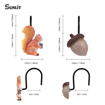 Sunlit Fall Autumn Decorative Shower Curtain Hooks, Squirrel Acorn Shower Curtain Rings, Resin, Orange Brown Cute Bathroom Curtain Hangers Decoration, Set of 12