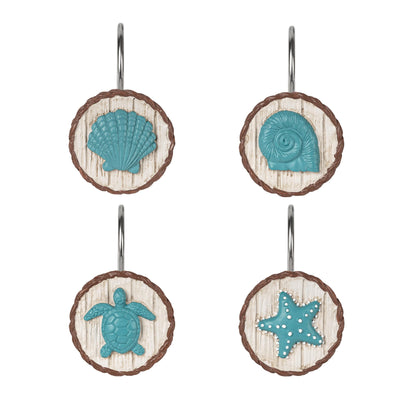 Sunlit Ocean Decorative Shower Curtain Hooks, Sea Turtle Spiral Shell Starfish Conch Shower Curtain Rings, Resin, Nautical Farmhouse Bathroom Decoration Beach Shower Curtain Hooks-12 Pack, Navy