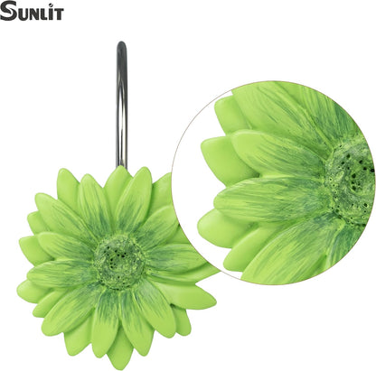 Sunlit Daisy Shower Curtain Hooks, Home Decorative Shower Curtain Rings for Bathroom, Resin, Floral Shower Curtain Hanger Hooks for Living Room, Set of 12, White and Golden