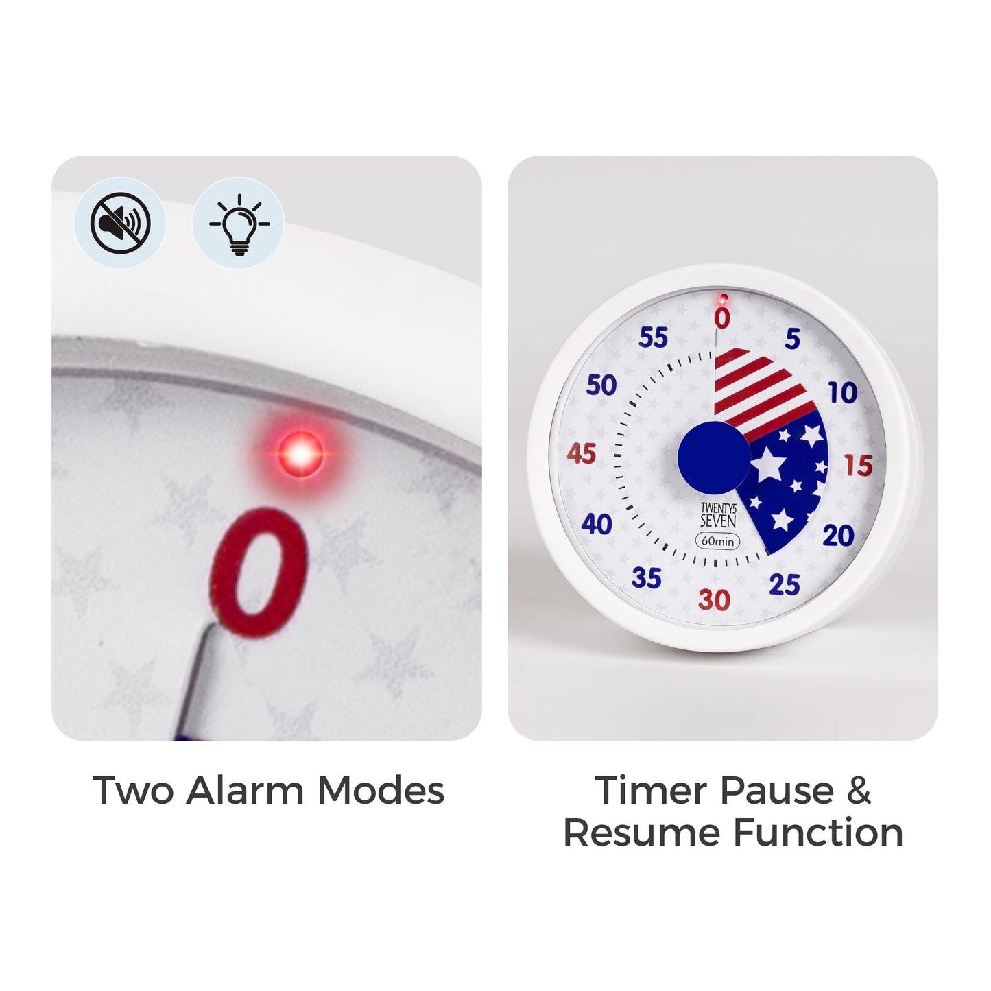 TWENTY5 SEVEN Countdown Timer 3 inch, Silent 60 Minute 1 Hour Visual Timer with Pause Function, Magnetic Classroom Teaching Tool Office Meeting, Countdown Clock for Kids Time Management, National Flag