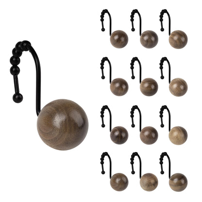 Sunlit Boho Wood Beads Decorative Shower Curtain Hooks, Shower Curtain Rings with Roller Balls, Farmhouse Bathroom Decoration Curtain Hangers Accessories, Set of 12, Walnut Wood