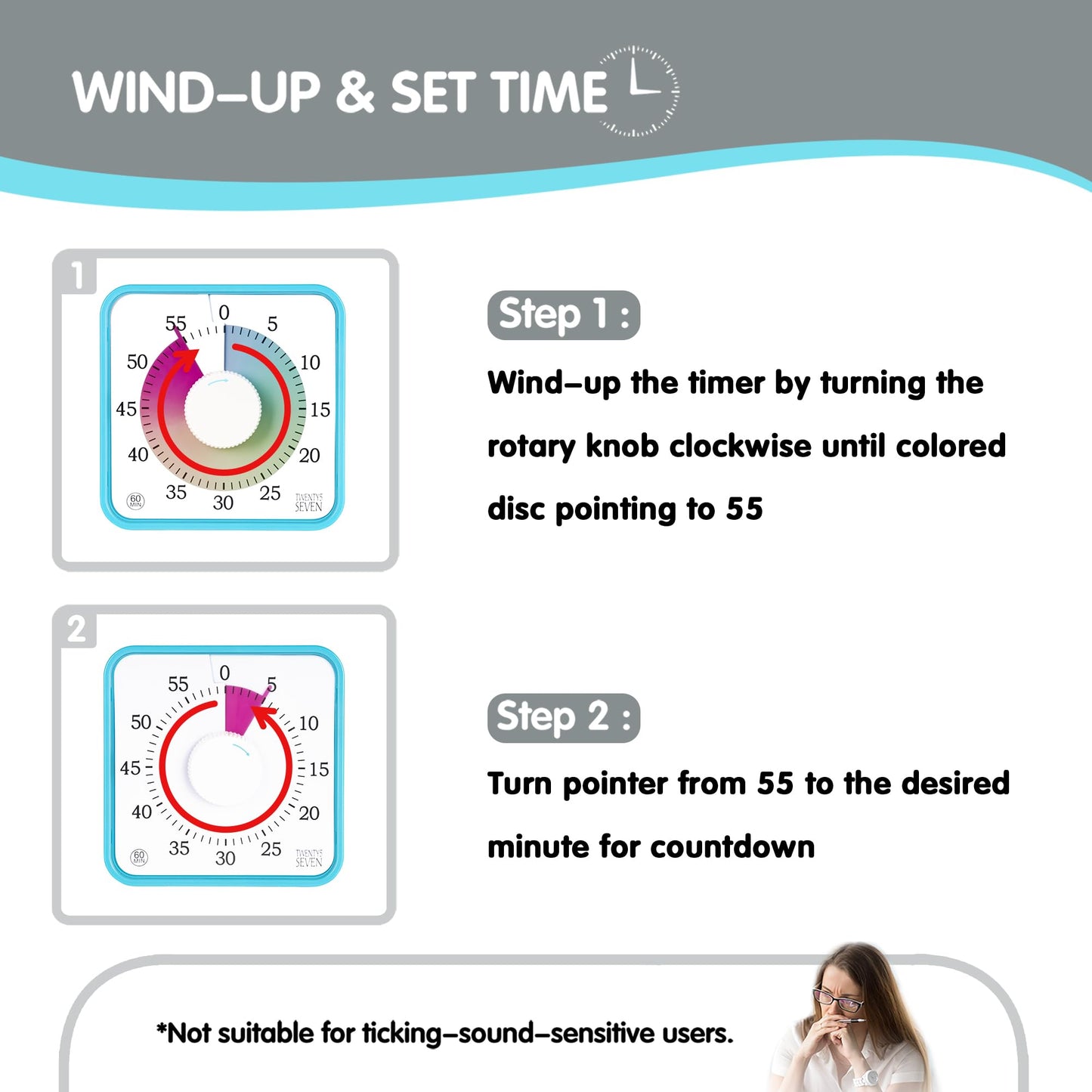 TWENTY5 SEVEN Countdown Timer 7.5 inch; 60 Minute 1 Hour Visual Timer – Classroom Teaching Tool Office Meeting, Mechanical Countdown Clock for Kids Exam Time Management Magnetic, Macaron Sky Blue