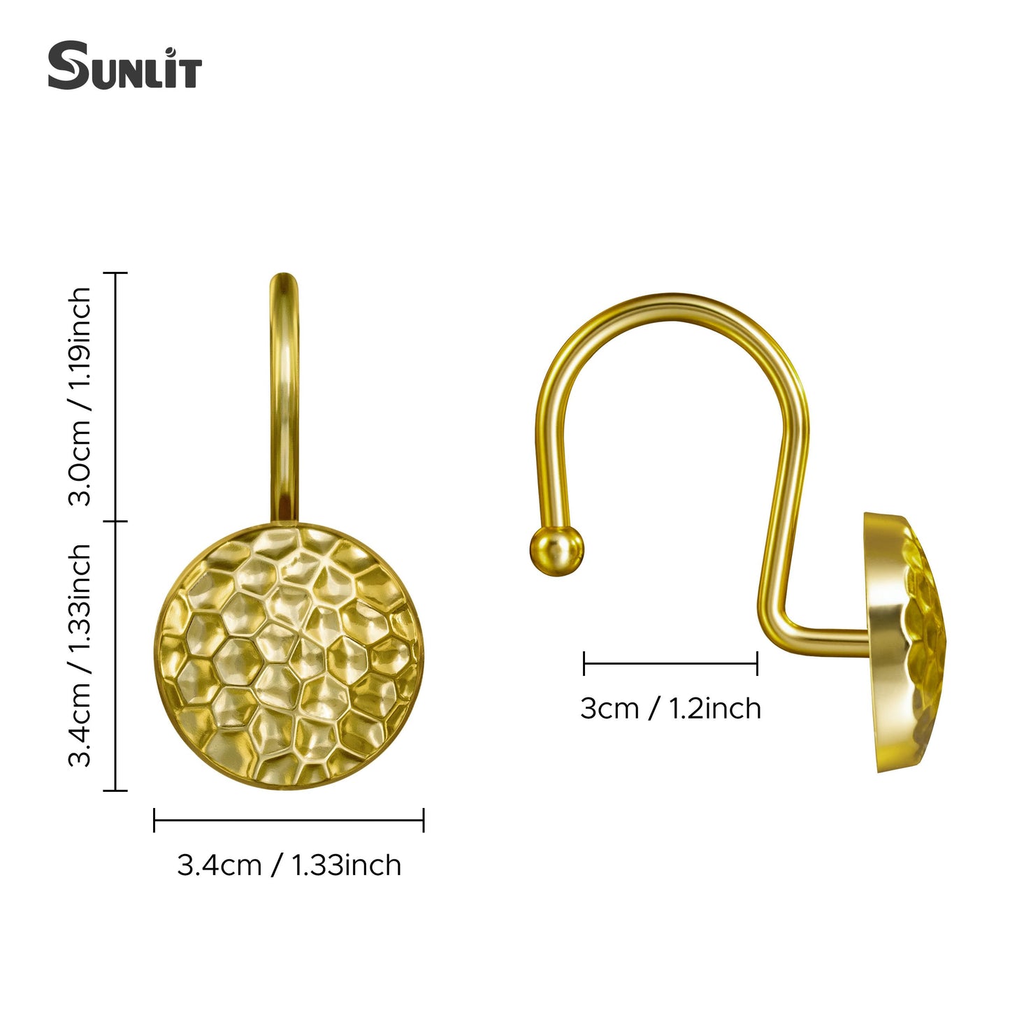 Sunlit Gold Shower Curtain Hooks, Square Metal Home Decorative Shower Curtain Rings for Bathroom, Modern Shower Curtain Hangers Bathroom Accessories, Set of 12