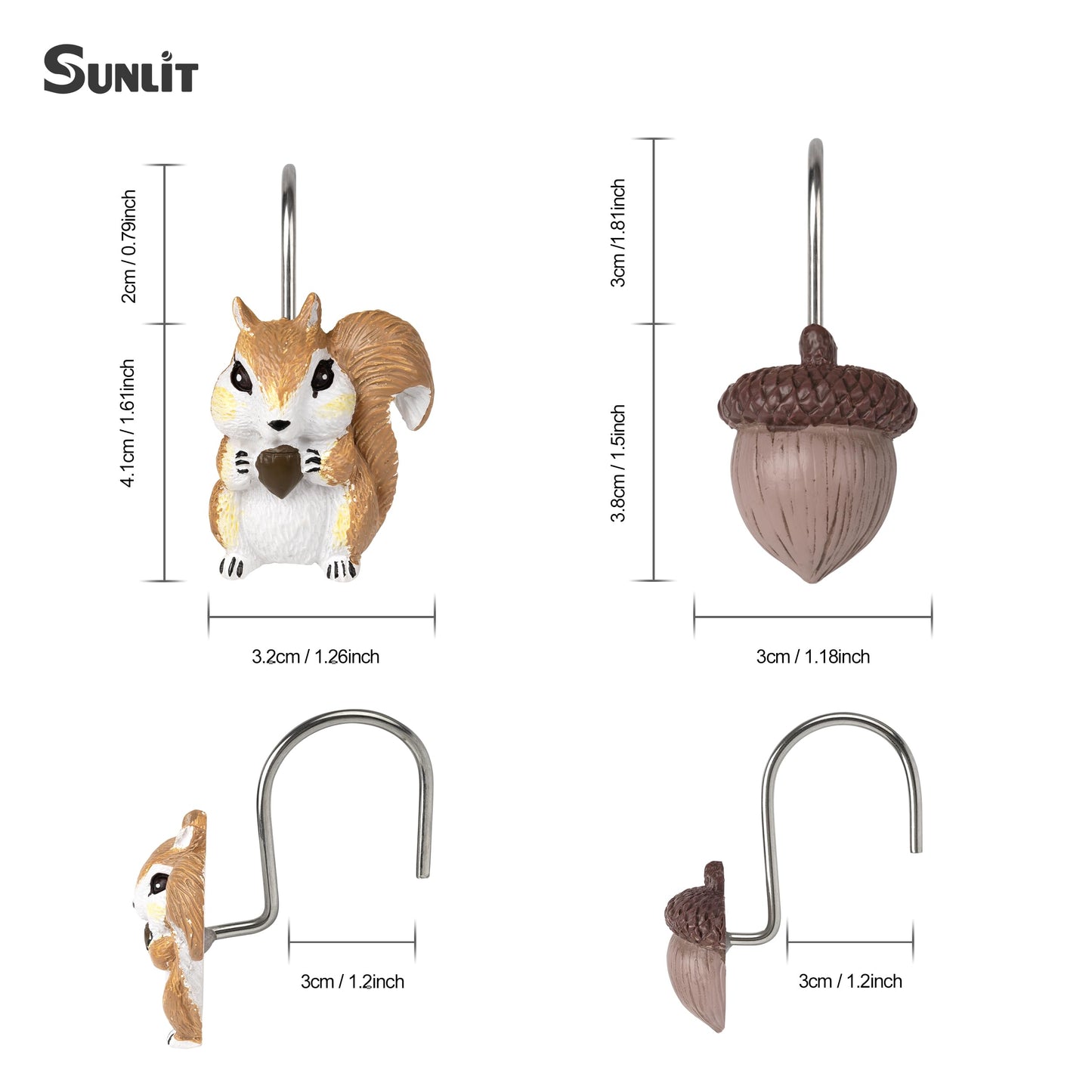 Sunlit Fall Autumn Decorative Shower Curtain Hooks, Squirrel Acorn Shower Curtain Rings, Resin, Orange Brown Cute Bathroom Curtain Hangers Decoration, Set of 12