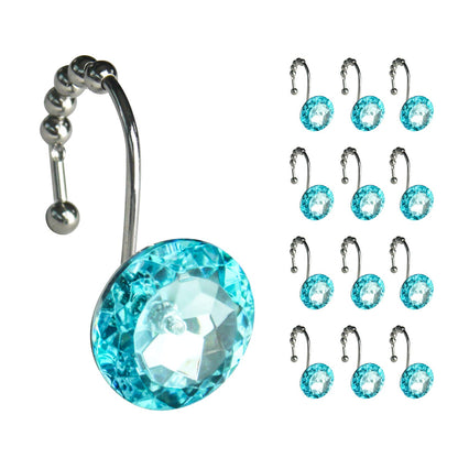 Sunlit Luxury Design Round Clear Diamond Crystal Gem Bling with Glide Balls Double Shower Curtain Hooks, Rust Proof Metal Rhinestones Glam Shower Curtain Rings-12 Pack