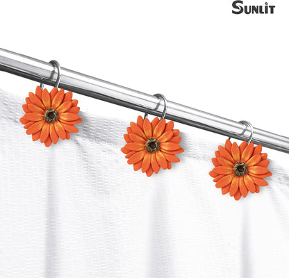 Sunlit Daisy Shower Curtain Hooks, Home Decorative Shower Curtain Rings for Bathroom, Resin, Floral Shower Curtain Hanger Hooks for Living Room, Set of 12, White and Golden