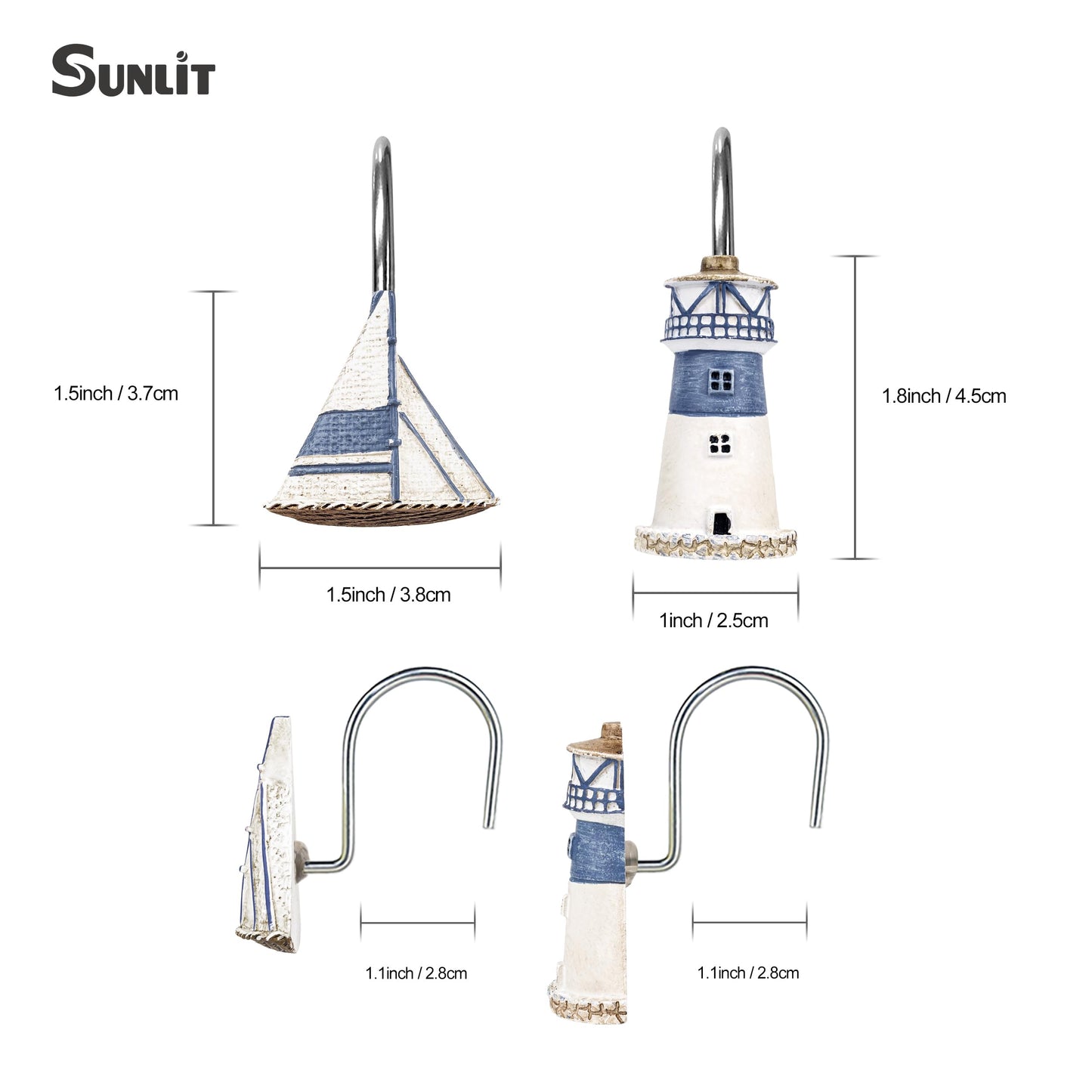 Sunlit Nautical Shower Curtain Hooks, Home Decorative Coastal Shower Curtain Rings for Bathroom, Resin, Ocean Shower Curtain Hanger Hooks for Living Room, Set of 12, Blue Anchor Rudder