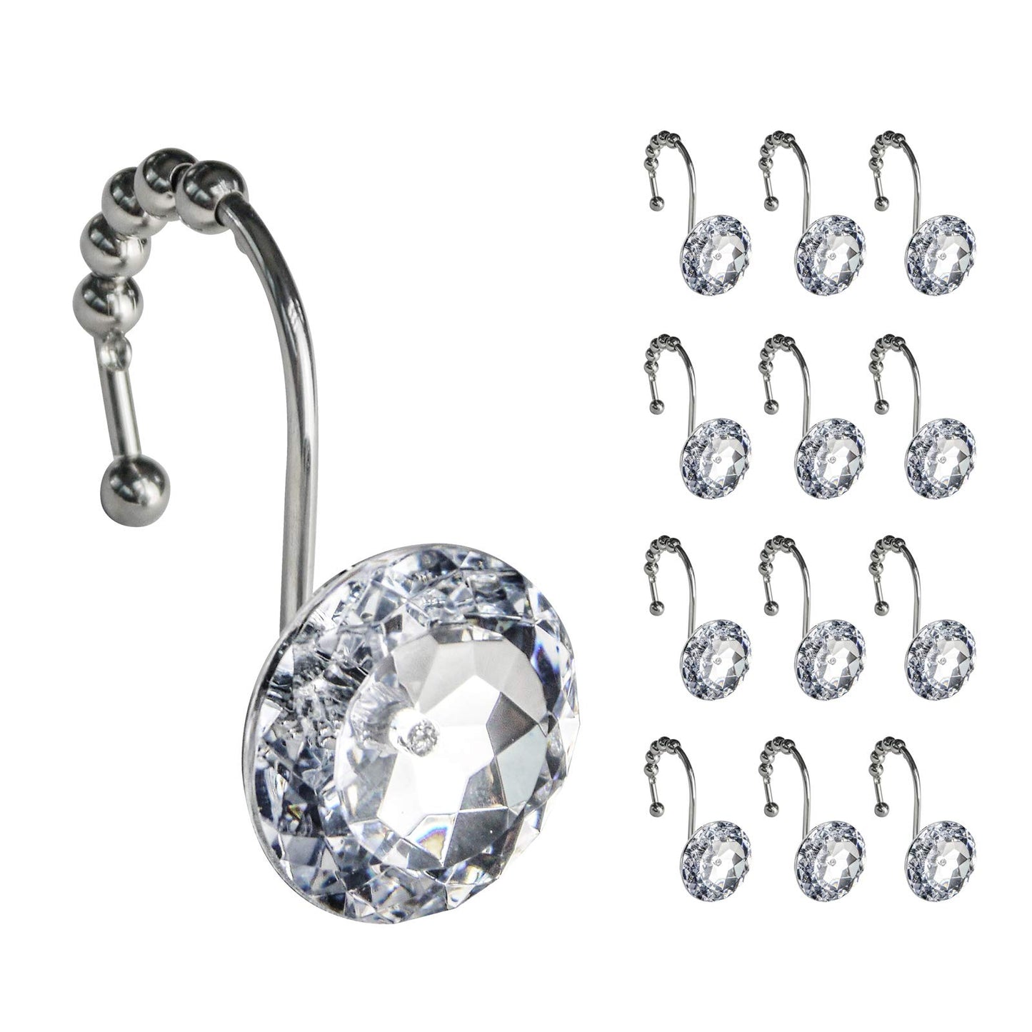 Sunlit Luxury Design Round Clear Diamond Crystal Gem Bling with Glide Balls Double Shower Curtain Hooks, Rust Proof Metal Rhinestones Glam Shower Curtain Rings-12 Pack