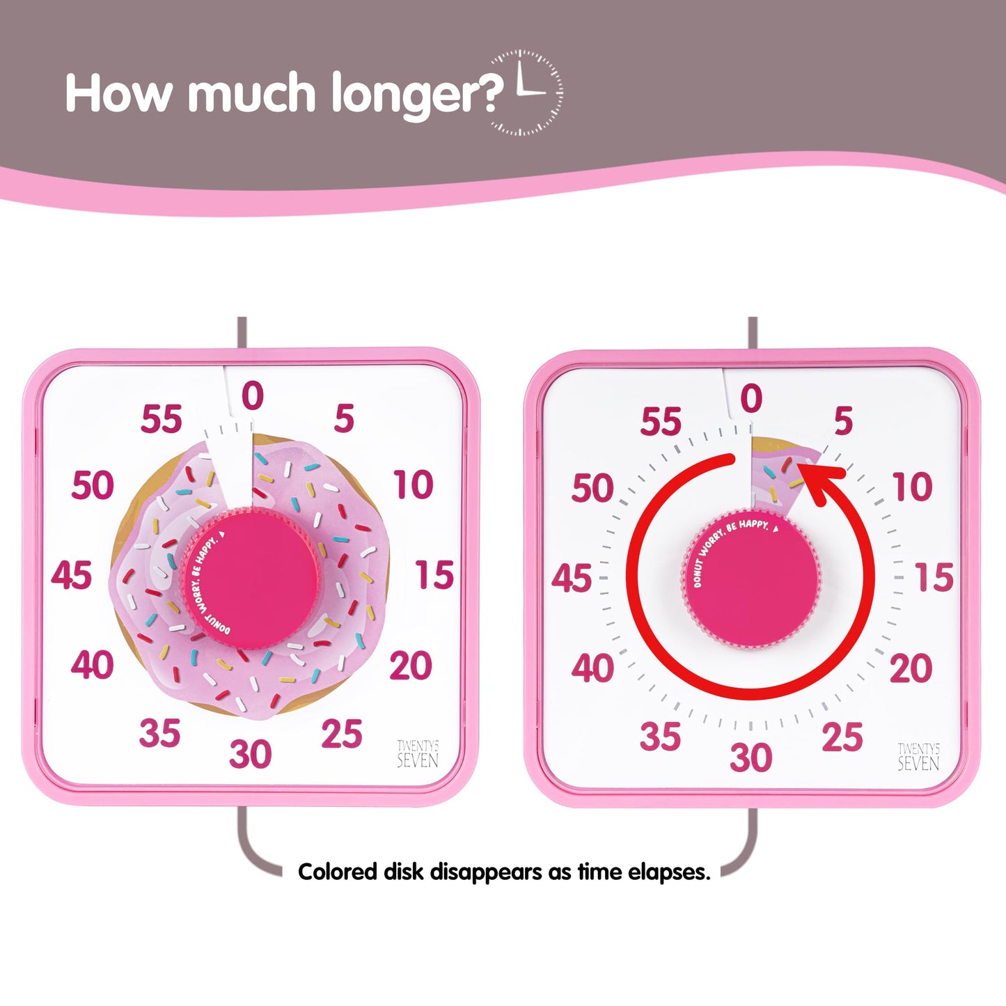 TWENTY5 SEVEN Countdown Timer 7.5 inch, 60 Minute 1 Hour Visual Timer for Classroom Teaching Tool Office Meeting, Mechanical Countdown Clock for Kids Exam Time Management Magnetic, Pink Donut