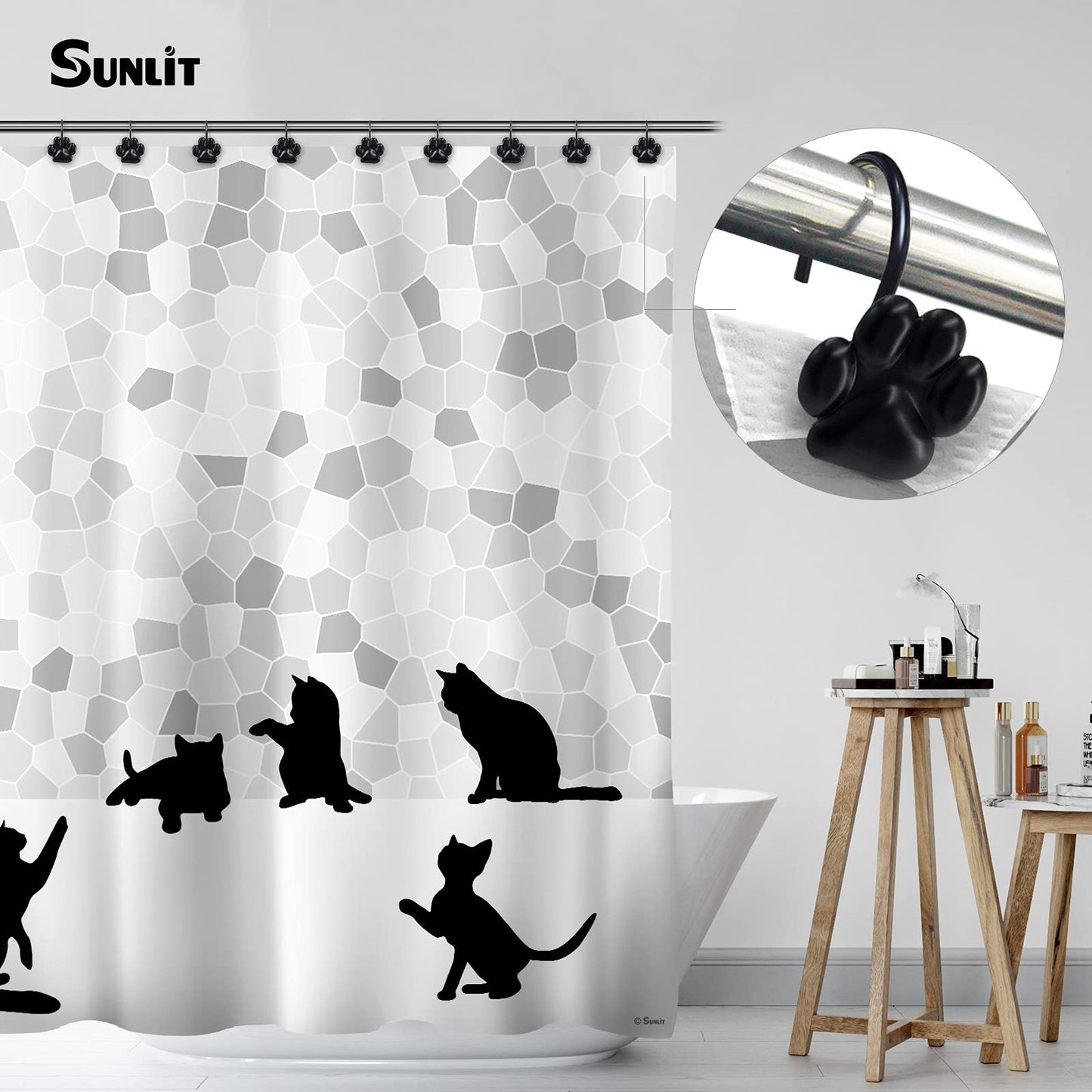 Sunlit Fashion Design Cute Paw Print Polished Double Shower Curtain Hooks for Dog Cat and Bear, Rust Proof Oil Rubbed Metal Shower Curtain Rings-12 Pack