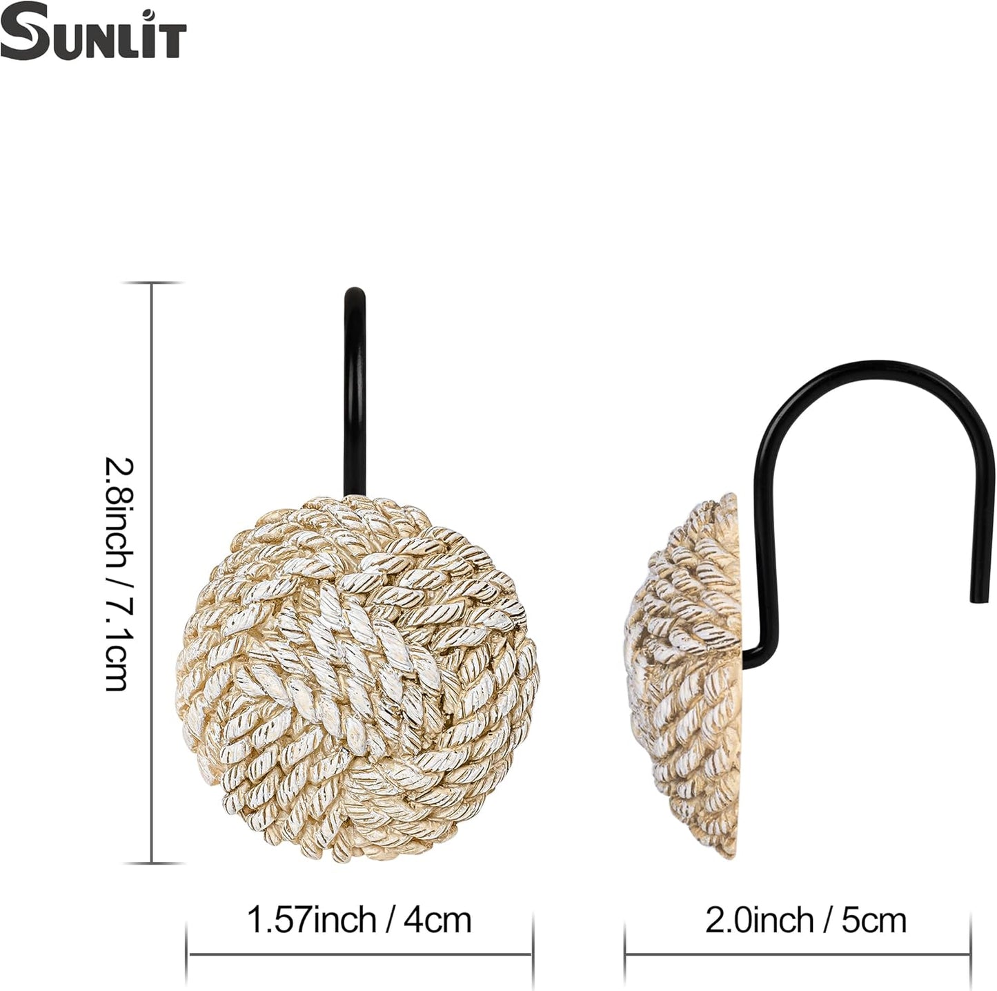 Sunlit Boho Knots Double Shower Curtain Hooks, Home Decorative Shower Curtain Rings for Bathroom, Seaside Nautical Shower Curtain Hangers Bathroom Accessories, Set of 12