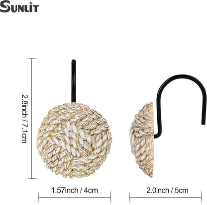 Sunlit Boho Knots Double Shower Curtain Hooks, Home Decorative Shower Curtain Rings for Bathroom, Seaside Nautical Shower Curtain Hangers Bathroom Accessories, Set of 12