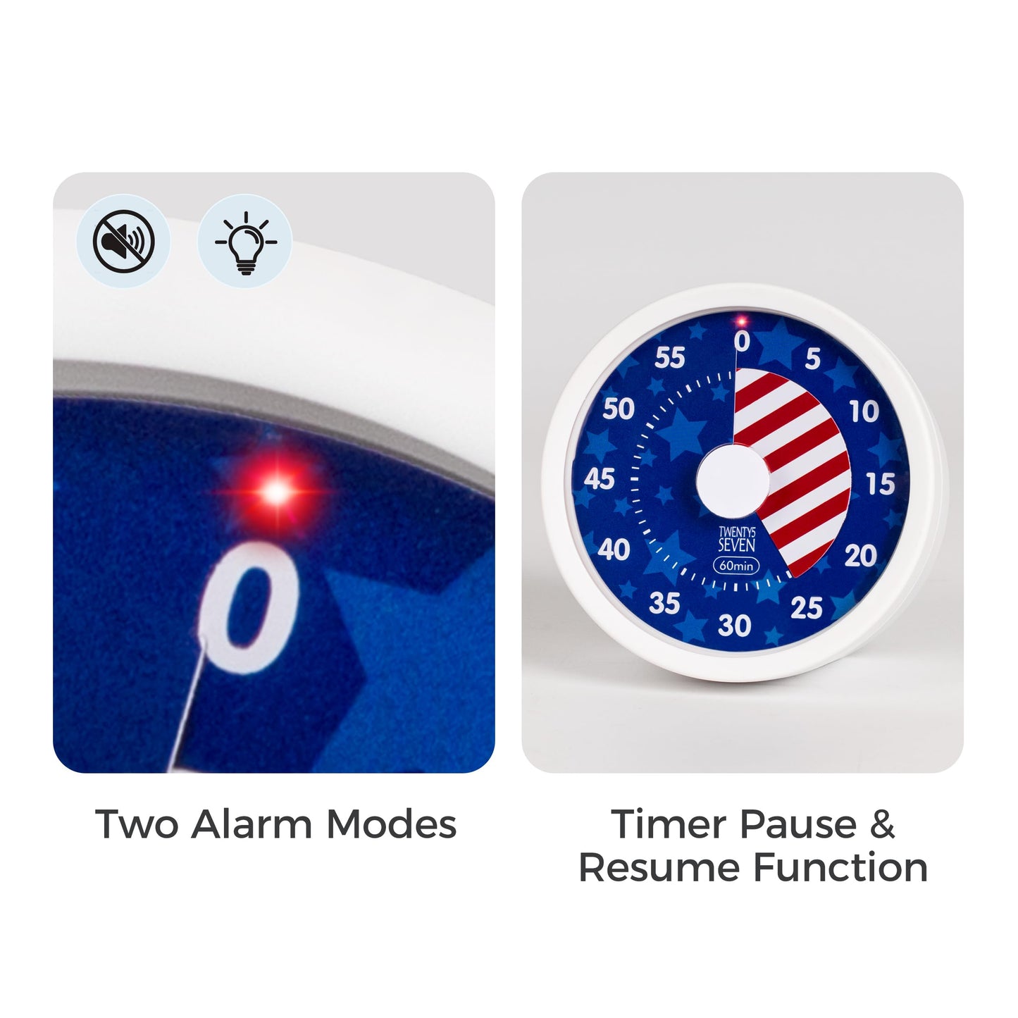 TWENTY5 SEVEN Countdown Timer 3 inch, Silent 60 Minute 1 Hour Visual Timer with Pause Function, Magnetic Classroom Teaching Tool Office Meeting, Countdown Clock for Kids Time Management, National Flag