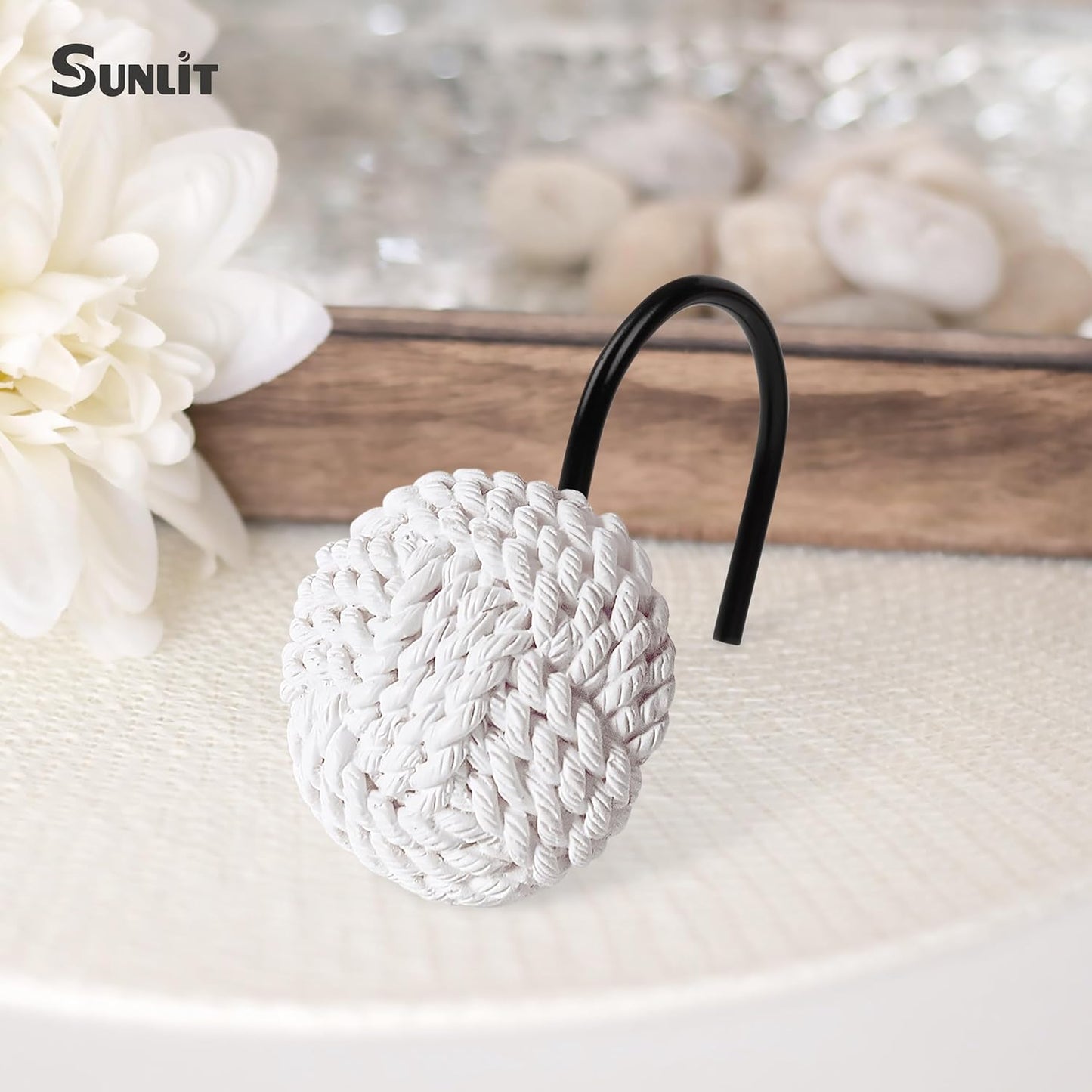 Sunlit Boho Knots Double Shower Curtain Hooks, Home Decorative Shower Curtain Rings for Bathroom, Seaside Nautical Shower Curtain Hangers Bathroom Accessories, Set of 12