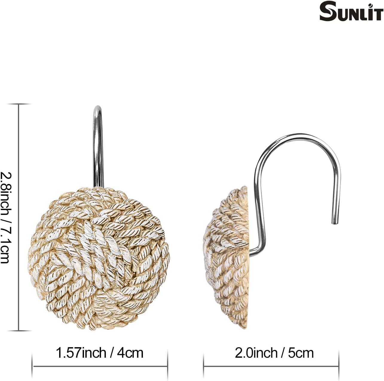 Sunlit Boho Knots Double Shower Curtain Hooks, Home Decorative Shower Curtain Rings for Bathroom, Seaside Nautical Shower Curtain Hangers Bathroom Accessories, Set of 12