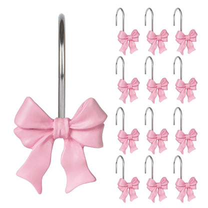 Sunlit Cute Bow Knot Double Shower Curtain Hooks, Home Decorative Shower Curtain Rings for Bathroom, Resin Shower Curtain Hangers Bathroom Accessories, Set of 12, Pink