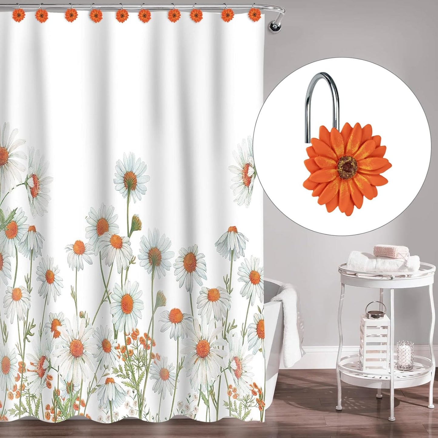 Sunlit Daisy Shower Curtain Hooks, Home Decorative Shower Curtain Rings for Bathroom, Resin, Floral Shower Curtain Hanger Hooks for Living Room, Set of 12, White and Golden
