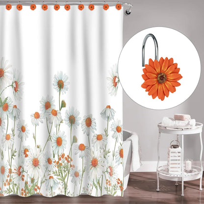 Sunlit Daisy Shower Curtain Hooks, Home Decorative Shower Curtain Rings for Bathroom, Resin, Floral Shower Curtain Hanger Hooks for Living Room, Set of 12, White and Golden