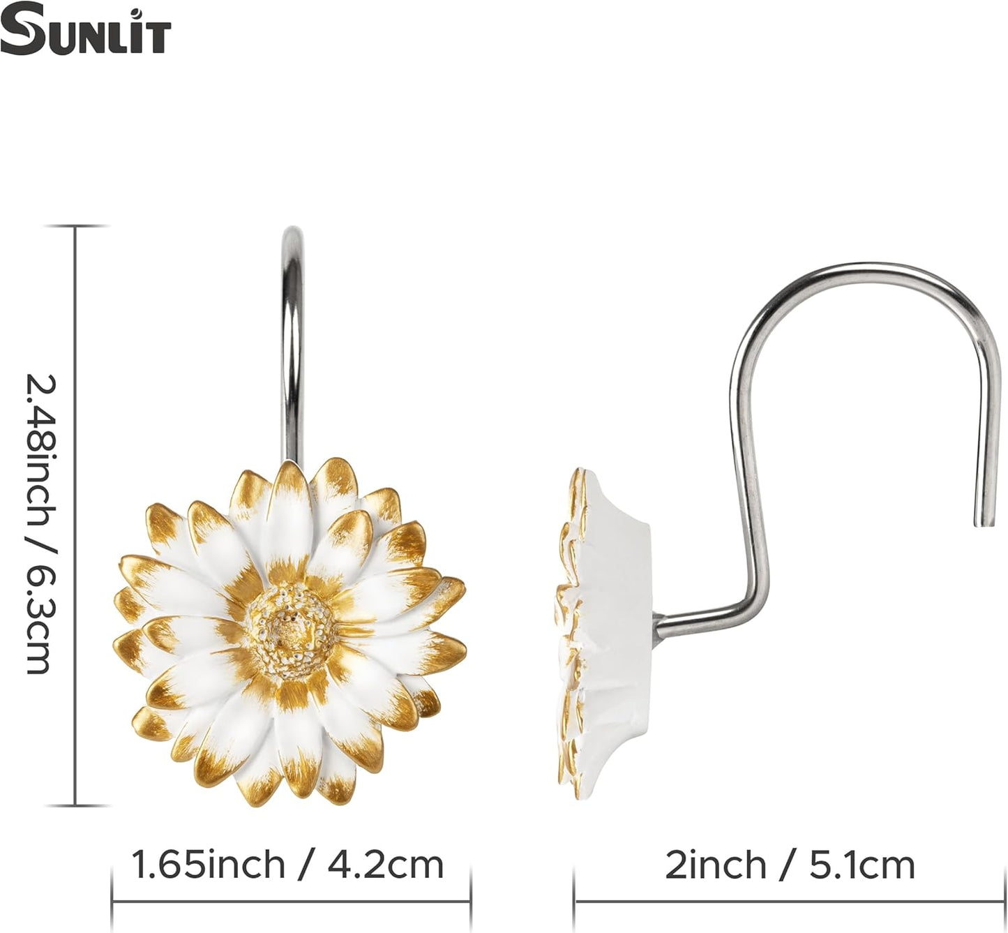 Sunlit Daisy Shower Curtain Hooks, Home Decorative Shower Curtain Rings for Bathroom, Resin, Floral Shower Curtain Hanger Hooks for Living Room, Set of 12, White and Golden