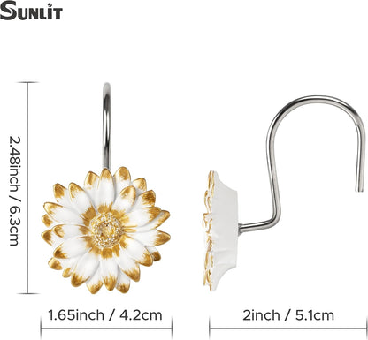 Sunlit Daisy Shower Curtain Hooks, Home Decorative Shower Curtain Rings for Bathroom, Resin, Floral Shower Curtain Hanger Hooks for Living Room, Set of 12, White and Golden