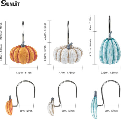 Sunlit Fall Pumpkin Decorative Shower Curtain Hooks, Autumn Harvest Festival Shower Curtain Rings, Resin, Blue Khaki Orange Farmhouse Bathroom Curtain Hangers Decoration, Set of 12