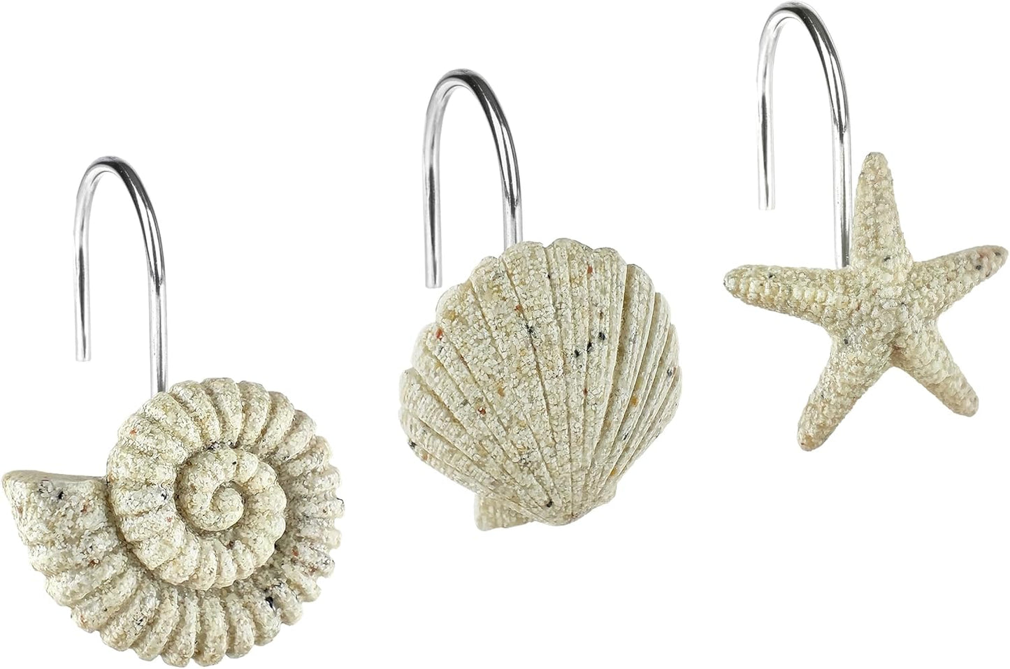 Sunlit Seashells Starfish Conch Decorative Shower Curtain Hooks, Natural Sand and Stone Ocean Creatures Coastal Shower Curtain Rings, Nautical Bathroom Decoration Beach Shower Curtain Hooks-12 Pack