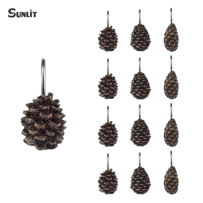 Sunlit Pinecone Decorative Shower Curtain Hooks, Brown Pine Cone Shower Curtain Rings, Resin, Winter Christmas Theme Bathroom Decoration, Set of 12