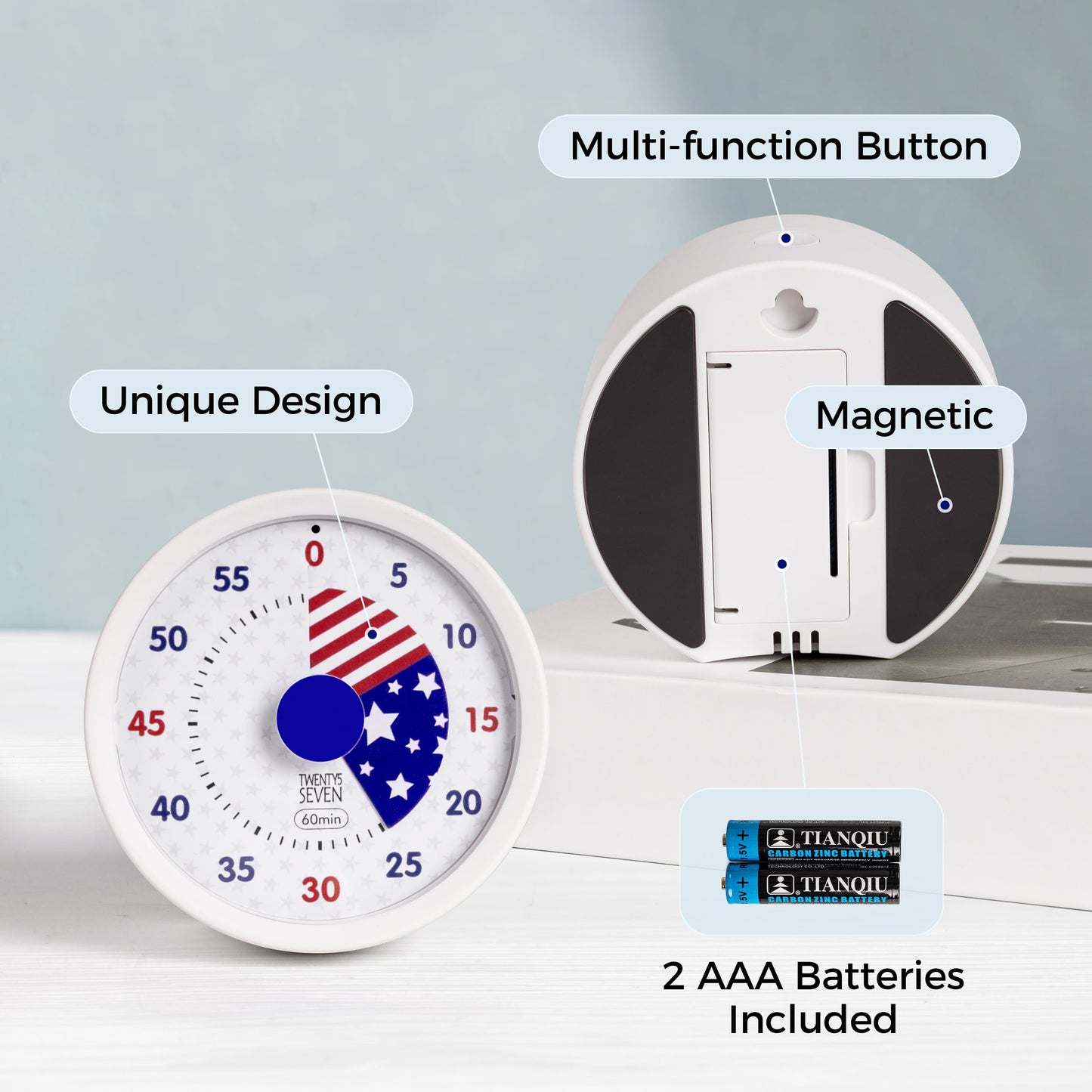 TWENTY5 SEVEN Countdown Timer 3 inch, Silent 60 Minute 1 Hour Visual Timer with Pause Function, Magnetic Classroom Teaching Tool Office Meeting, Countdown Clock for Kids Time Management, National Flag