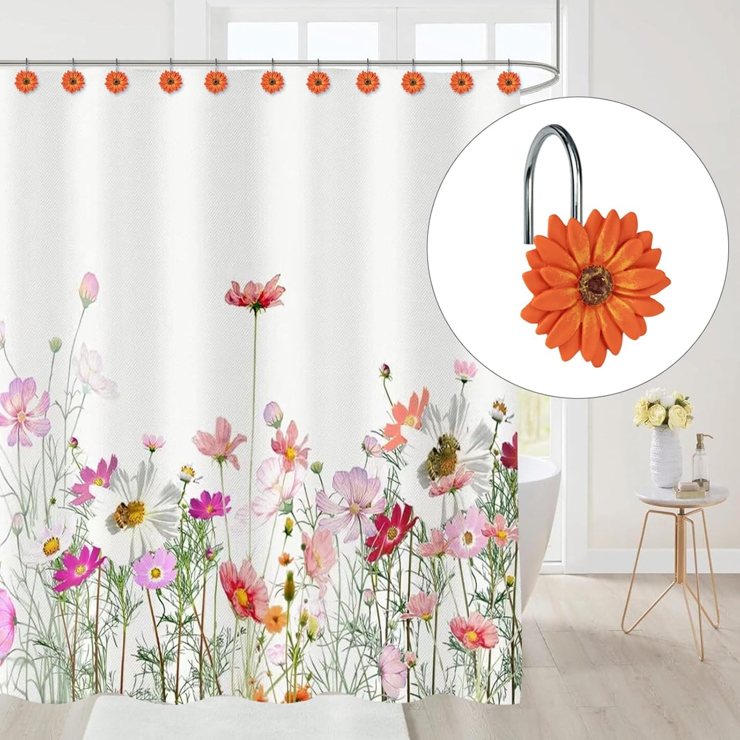 Sunlit Daisy Shower Curtain Hooks, Home Decorative Shower Curtain Rings for Bathroom, Resin, Floral Shower Curtain Hanger Hooks for Living Room, Set of 12, White and Golden