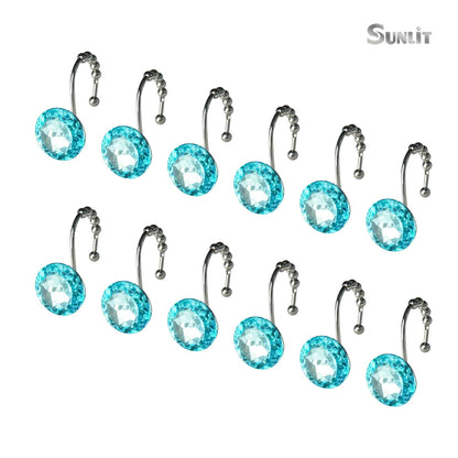 Sunlit Luxury Design Round Clear Diamond Crystal Gem Bling with Glide Balls Double Shower Curtain Hooks, Rust Proof Metal Rhinestones Glam Shower Curtain Rings-12 Pack
