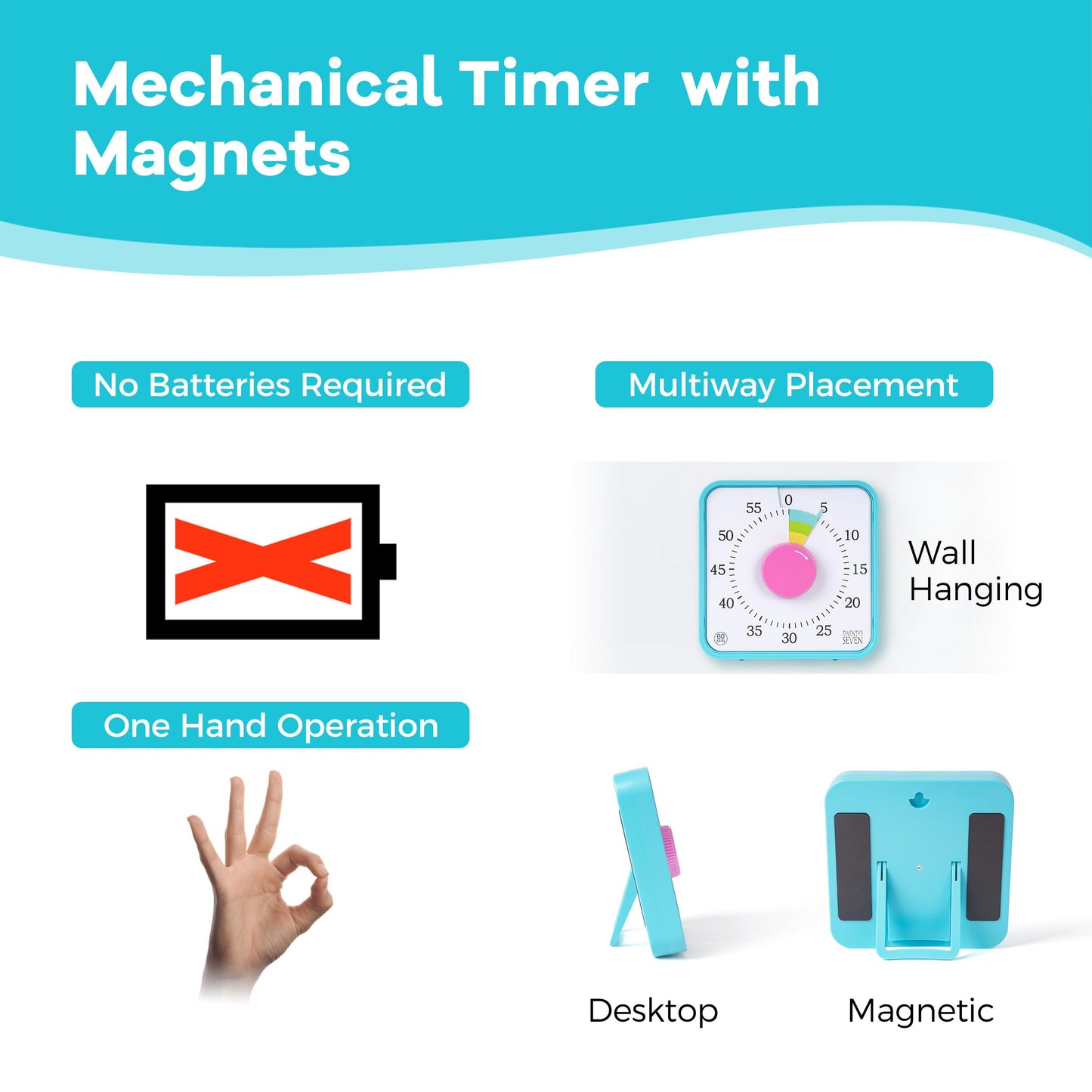 TWENTY5 SEVEN Countdown Timer 7.5 inch; 60 Minute 1 Hour Visual Timer – Classroom Teaching Tool Office Meeting, Mechanical Countdown Clock for Kids Exam Time Management Magnetic, Macaron Sky Blue