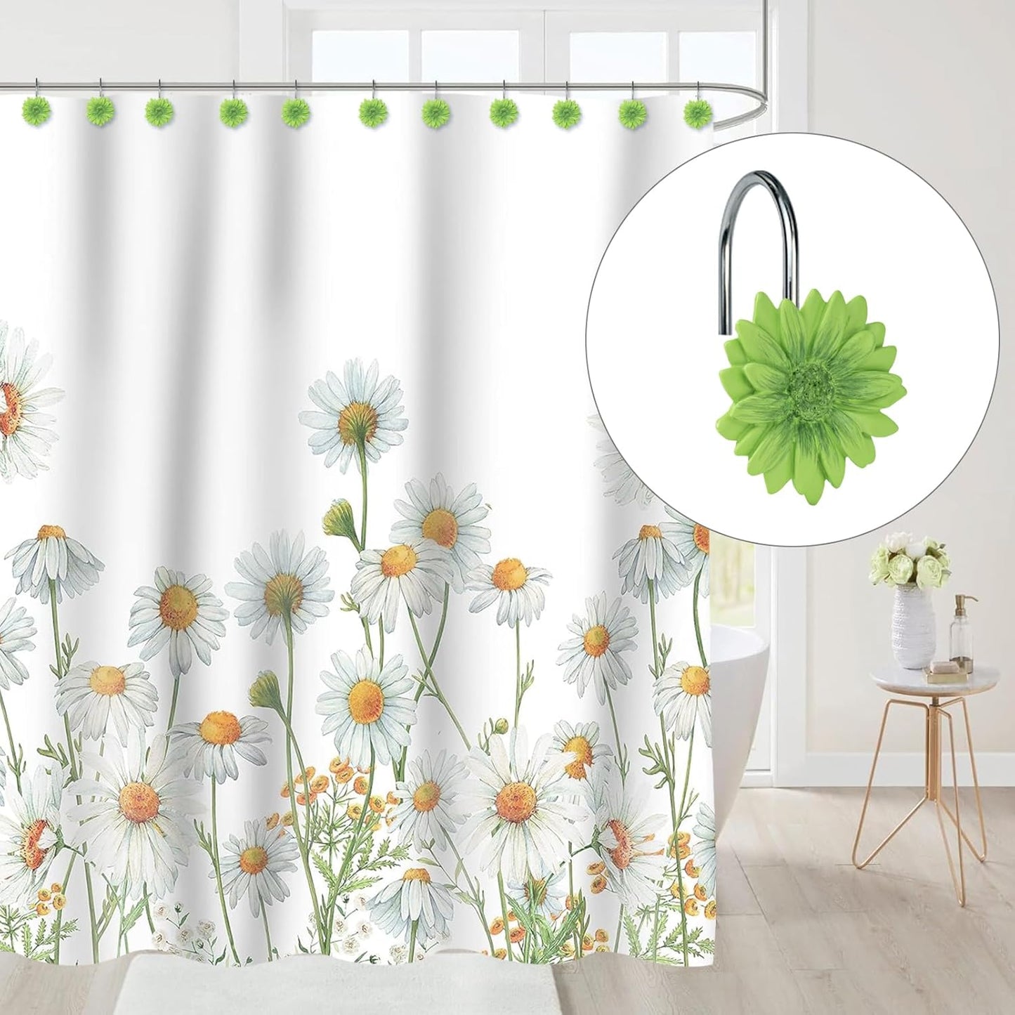 Sunlit Daisy Shower Curtain Hooks, Home Decorative Shower Curtain Rings for Bathroom, Resin, Floral Shower Curtain Hanger Hooks for Living Room, Set of 12, White and Golden