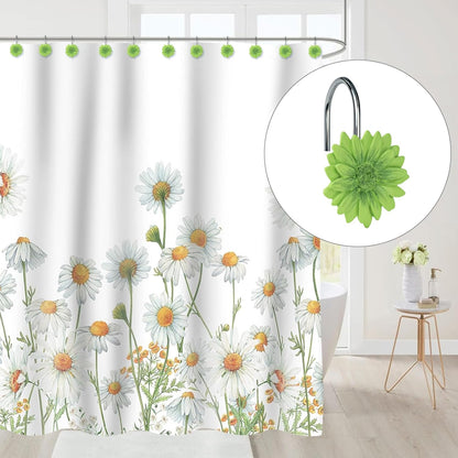 Sunlit Daisy Shower Curtain Hooks, Home Decorative Shower Curtain Rings for Bathroom, Resin, Floral Shower Curtain Hanger Hooks for Living Room, Set of 12, White and Golden