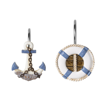 Sunlit Nautical Shower Curtain Hooks, Home Decorative Coastal Shower Curtain Rings for Bathroom, Resin, Ocean Shower Curtain Hanger Hooks for Living Room, Set of 12, Blue Anchor Rudder