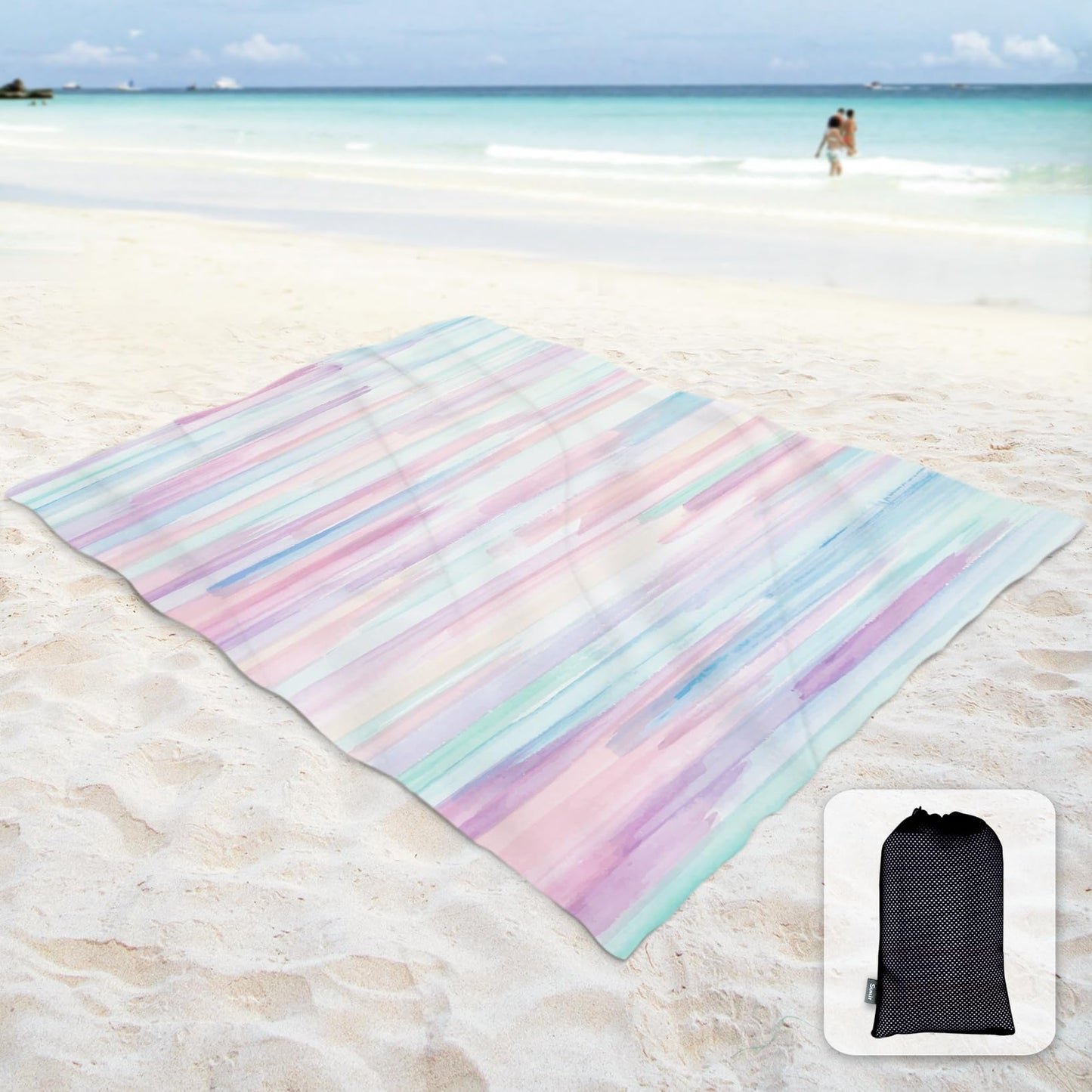 Sunlit Soft 106"x81" Sand Proof Beach Blanket Sand Free Beach Mat with Corner Pocket and Mesh Bag for Beach Party Travel Camping and Outdoor Music Festival, Ombre Blue Orange