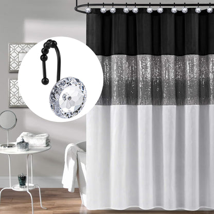 Sunlit Luxury Design Round Clear Diamond Crystal Gem Bling with Glide Balls Double Shower Curtain Hooks, Rust Proof Metal Rhinestones Glam Shower Curtain Rings-12 Pack