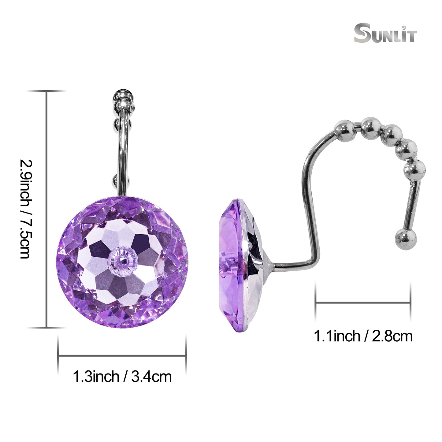 Sunlit Luxury Design Round Clear Diamond Crystal Gem Bling with Glide Balls Double Shower Curtain Hooks, Rust Proof Metal Rhinestones Glam Shower Curtain Rings-12 Pack