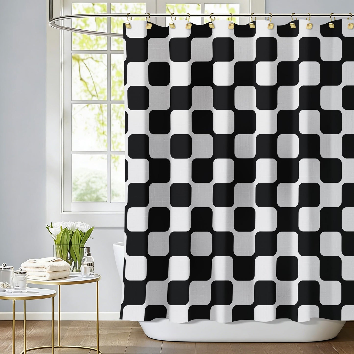 Sunlit Retro Checkered Faux Linen Fabric Shower Curtain, Beige Geometric Design with Organic Rounded Grid Pattern, Mid-Century Modern Bathroom Decor, 72" x 72"