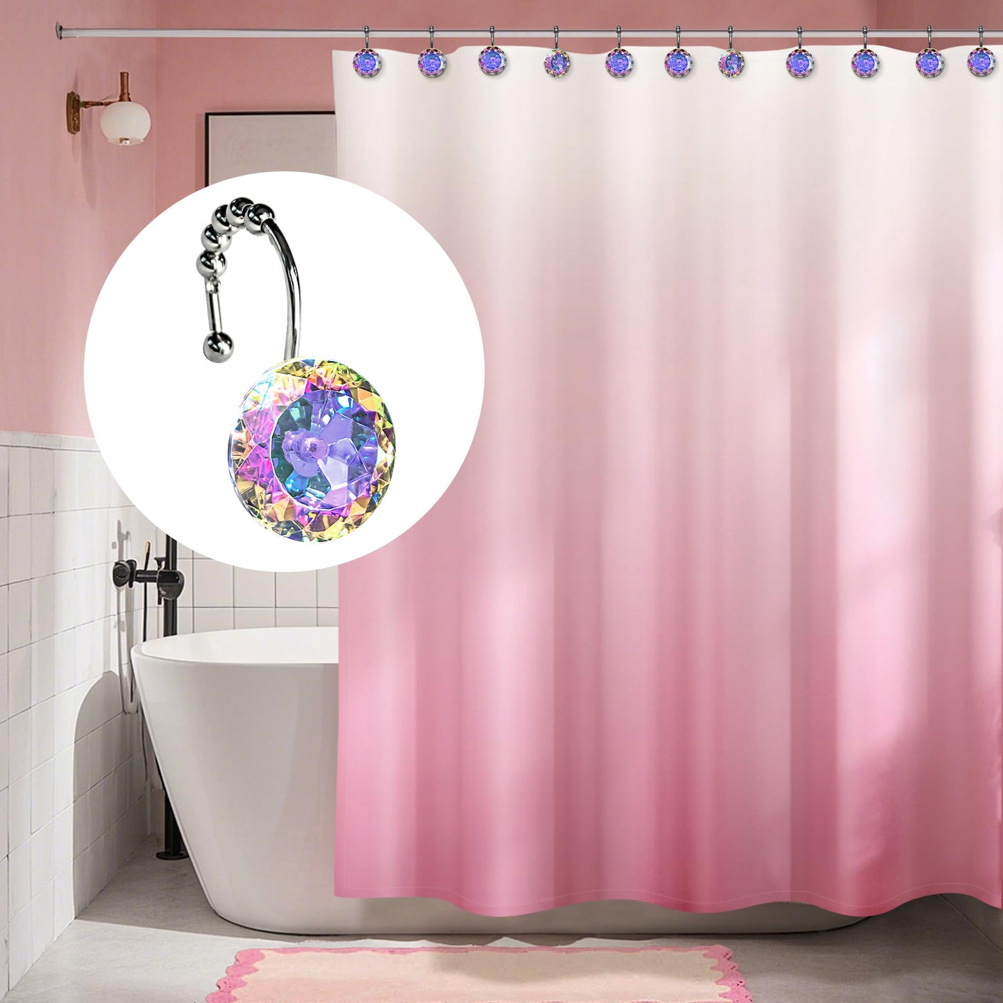 Sunlit Luxury Design Round Clear Diamond Crystal Gem Bling with Glide Balls Double Shower Curtain Hooks, Rust Proof Metal Rhinestones Glam Shower Curtain Rings-12 Pack