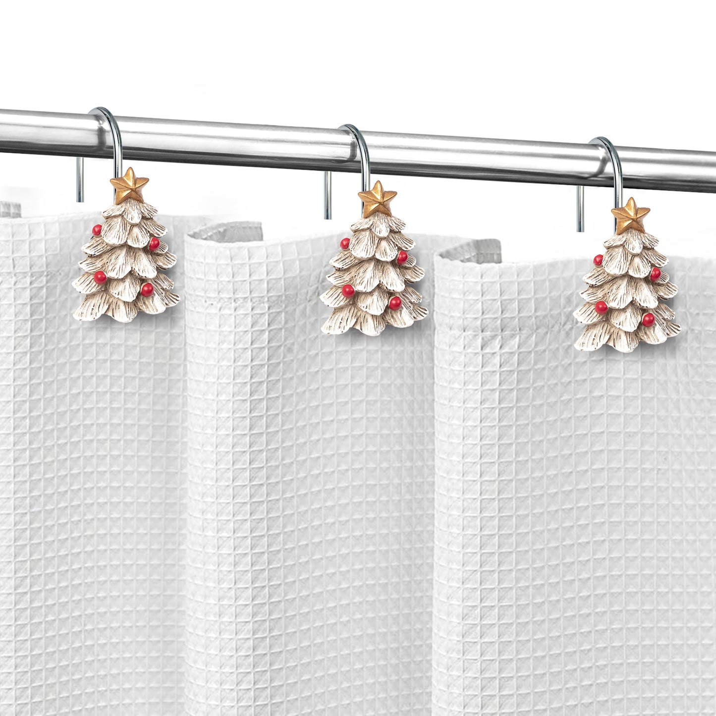 Sunlit Christmas Tree Decorative Shower Curtain Hooks with Star, Green Shower Curtain Rings, Resin, Xmas Theme Winter Holiday Bathroom Decoration, Set of 12